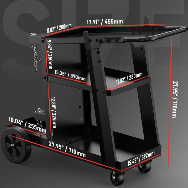 Alt view image 2 of 7 - 3-Tier Welding Cart, Tilted Platform and 360° Rolling | Large Storage, Dual Cylinder Slots, and Stainless Steel Safety Chains, Steel and Aluminum Frame with Rubber Wheels
