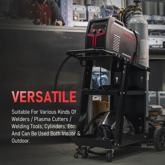 Alt view image 3 of 7 - 3-Tier Welding Cart, Tilted Platform and 360° Rolling | Large Storage, Dual Cylinder Slots, and Stainless Steel Safety Chains, Steel and Aluminum Frame with Rubber Wheels