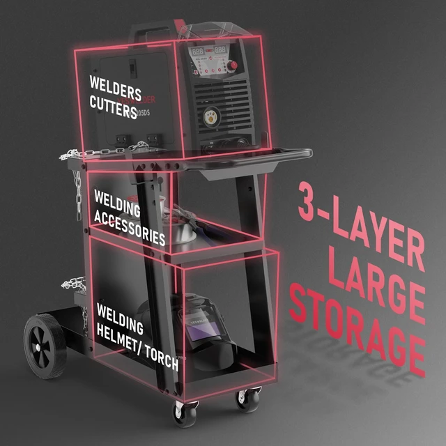 Alt view image 5 of 7 - 3-Tier Welding Cart, Tilted Platform and 360° Rolling | Large Storage, Dual Cylinder Slots, and Stainless Steel Safety Chains, Steel and Aluminum Frame with Rubber Wheels