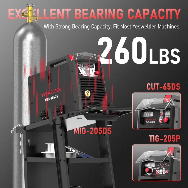 Alt view image 4 of 7 - 3-Tier Welding Cart, Tilted Platform and 360° Rolling | Large Storage, Dual Cylinder Slots, and Stainless Steel Safety Chains, Steel and Aluminum Frame with Rubber Wheels