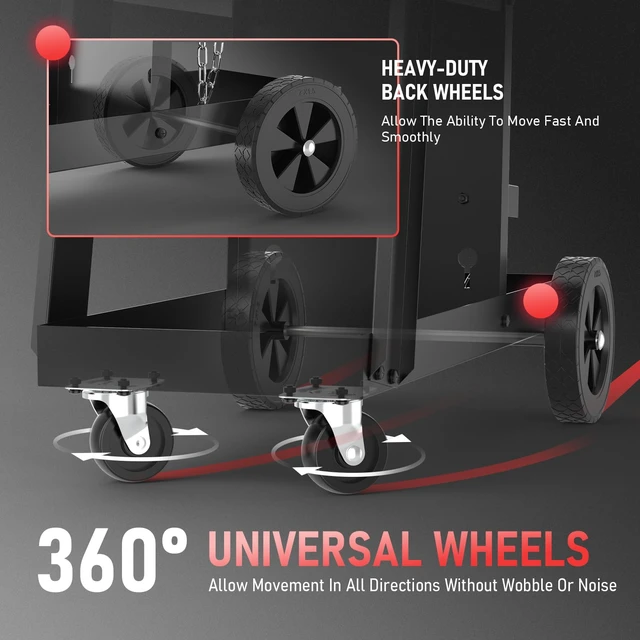 Alt view image 6 of 7 - 3-Tier Welding Cart, Tilted Platform and 360° Rolling | Large Storage, Dual Cylinder Slots, and Stainless Steel Safety Chains, Steel and Aluminum Frame with Rubber Wheels