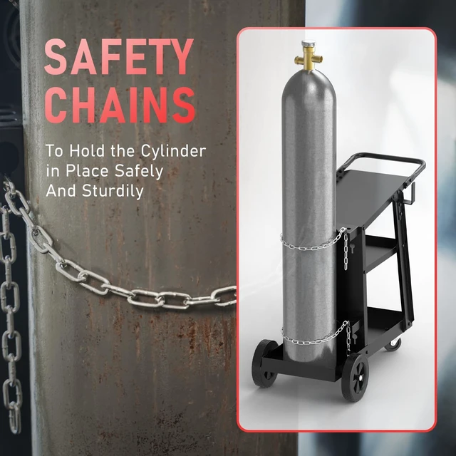 Alt view image 7 of 7 - 3-Tier Welding Cart, Tilted Platform and 360° Rolling | Large Storage, Dual Cylinder Slots, and Stainless Steel Safety Chains, Steel and Aluminum Frame with Rubber Wheels