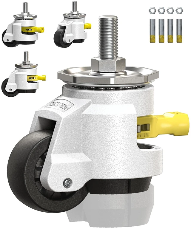Main image of Leveling Stem Casters Set of 4 Heavy Duty Retractable Caster Wheels, 1/2" and M12 Stem Size, Total Capacity 2200 Lbs, Adjustable Wheel with Ratchet Handle for Workbench, Machine, Equipment