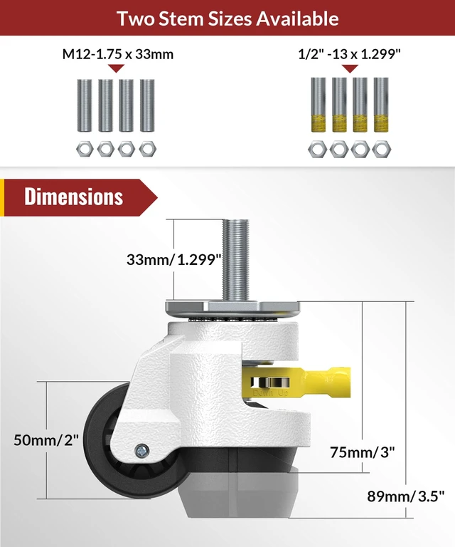 Alt view image 2 of 6 - Leveling Stem Casters Set of 4 Heavy Duty Retractable Caster Wheels, 1/2" and M12 Stem Size, Total Capacity 2200 Lbs, Adjustable Wheel with Ratchet Handle for Workbench, Machine, Equipment