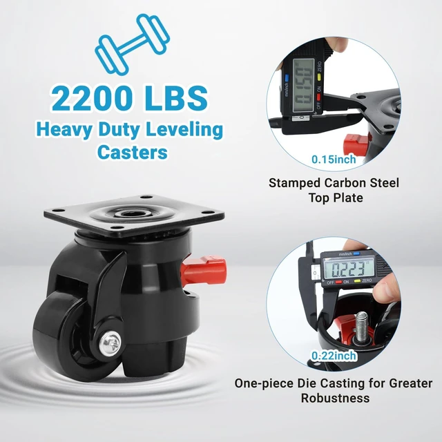 Alt view image 2 of 6 - Heavy Duty Leveling Machine Casters 2200 LBS, Upgraded Ratchet Arm Design Leveling Retractable Castors Set of 4, Aluminum Base & Industrial Grade Rubber Workbench Caster for Industrial, Machine