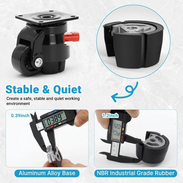 Alt view image 3 of 6 - Heavy Duty Leveling Machine Casters 2200 LBS, Upgraded Ratchet Arm Design Leveling Retractable Castors Set of 4, Aluminum Base & Industrial Grade Rubber Workbench Caster for Industrial, Machine