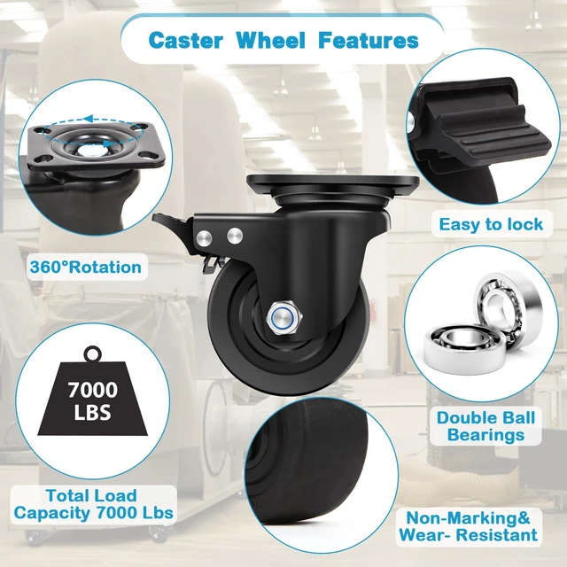 Alt view image 4 of 6 - 4-Inch Heavy Duty Casters Set of 4, Industrial Grade Casters Wheels 7000 LBS, Low Gravity Plate Swivel Caster with Brake, Sturdy & Corrosion-Resistant Nylon Wheels for Industrial, Equipment
