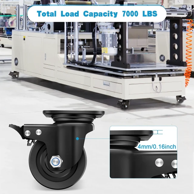 Alt view image 3 of 6 - 4-Inch Heavy Duty Casters Set of 4, Industrial Grade Casters Wheels 7000 LBS, Low Gravity Plate Swivel Caster with Brake, Sturdy & Corrosion-Resistant Nylon Wheels for Industrial, Equipment