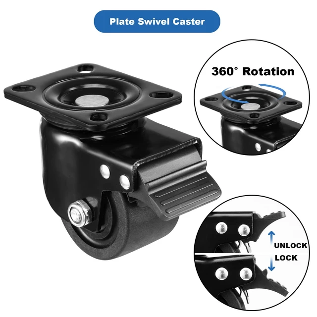 Alt view image 4 of 7 - Plate Swivel Caster Wheels 3-inch Heavy Duty of 4400lbs, Low Gravity Center Design Black Caster Wheels with Brake, Durable & Quiet & Sturdy Nylon Wheels for Industrial, Set of 4