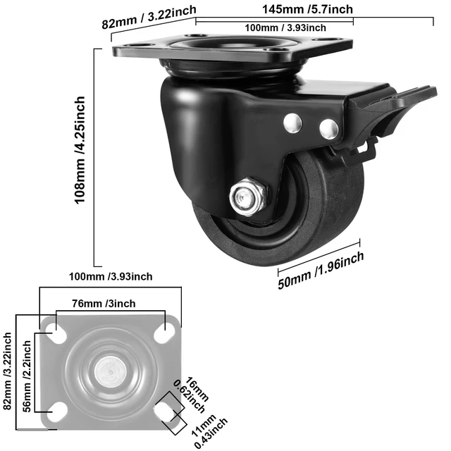 Alt view image 5 of 7 - Plate Swivel Caster Wheels 3-inch Heavy Duty of 4400lbs, Low Gravity Center Design Black Caster Wheels with Brake, Durable & Quiet & Sturdy Nylon Wheels for Industrial, Set of 4
