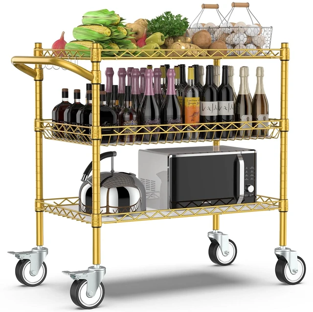 Main image of 3 Tier Rolling Carts with Wheels, Heavy Duty Rolling Utility Cart | NSF Commercial Grade Metal Cart with Handle&Shelf Liner,Trolley Serving Cart for Kitchen,Restaurant,Plant Display,Gold