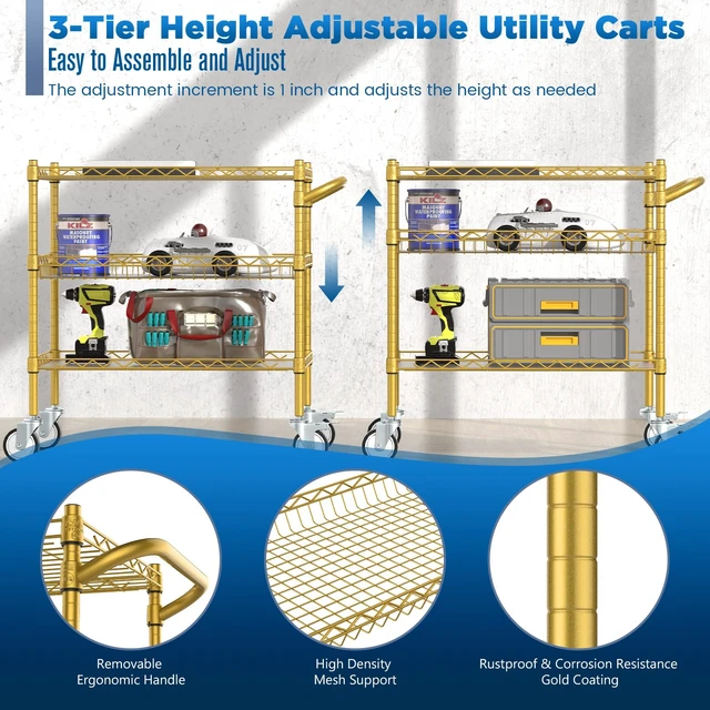 Alt view image 3 of 6 - 3 Tier Rolling Carts with Wheels, Heavy Duty Rolling Utility Cart | NSF Commercial Grade Metal Cart with Handle&Shelf Liner,Trolley Serving Cart for Kitchen,Restaurant,Plant Display,Gold
