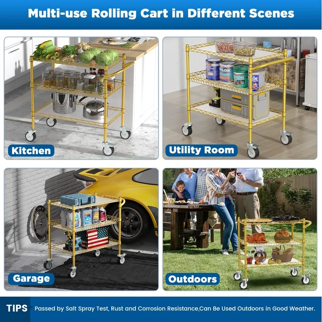 Alt view image 4 of 6 - 3 Tier Rolling Carts with Wheels, Heavy Duty Rolling Utility Cart | NSF Commercial Grade Metal Cart with Handle&Shelf Liner,Trolley Serving Cart for Kitchen,Restaurant,Plant Display,Gold
