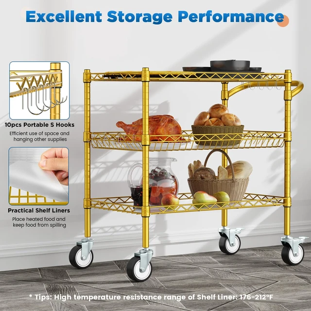 Alt view image 5 of 6 - 3 Tier Rolling Carts with Wheels, Heavy Duty Rolling Utility Cart | NSF Commercial Grade Metal Cart with Handle&Shelf Liner,Trolley Serving Cart for Kitchen,Restaurant,Plant Display,Gold