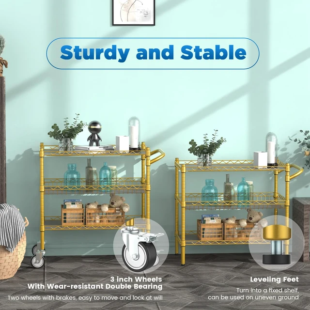 Alt view image 6 of 6 - 3 Tier Rolling Carts with Wheels, Heavy Duty Rolling Utility Cart | NSF Commercial Grade Metal Cart with Handle&Shelf Liner,Trolley Serving Cart for Kitchen,Restaurant,Plant Display,Gold