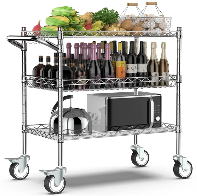 Main image of 3 Tier Rolling Carts with Wheels, Heavy Duty Rolling Utility Cart | NSF Commercial Grade Metal Cart with Handle&Shelf Liner,Trolley Serving Cart for Kitchen,Restaurant,Plant Display,Chrome