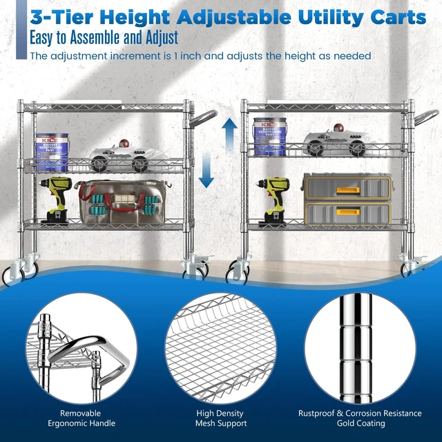 Alt view image 2 of 6 - 3 Tier Rolling Carts with Wheels, Heavy Duty Rolling Utility Cart | NSF Commercial Grade Metal Cart with Handle&Shelf Liner,Trolley Serving Cart for Kitchen,Restaurant,Plant Display,Chrome