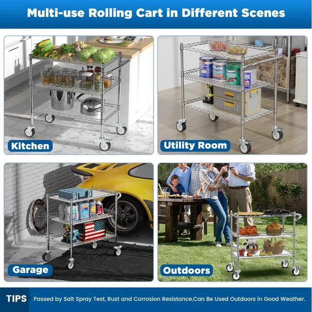 Alt view image 4 of 6 - 3 Tier Rolling Carts with Wheels, Heavy Duty Rolling Utility Cart | NSF Commercial Grade Metal Cart with Handle&Shelf Liner,Trolley Serving Cart for Kitchen,Restaurant,Plant Display,Chrome