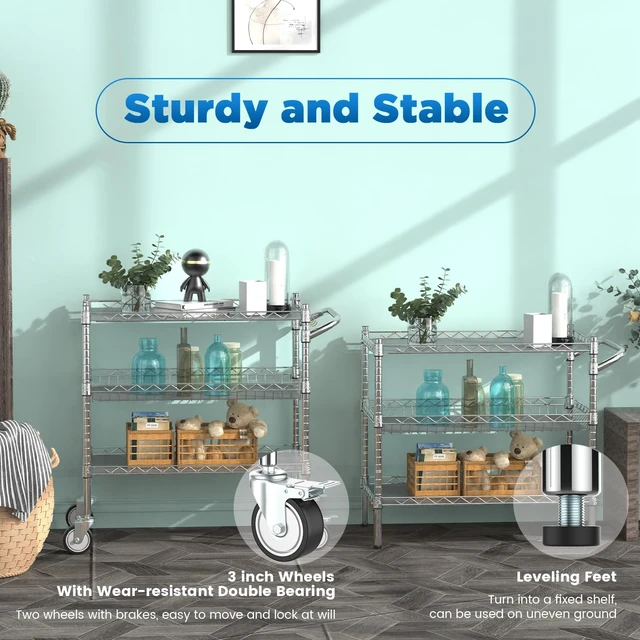 Alt view image 5 of 6 - 3 Tier Rolling Carts with Wheels, Heavy Duty Rolling Utility Cart | NSF Commercial Grade Metal Cart with Handle&Shelf Liner,Trolley Serving Cart for Kitchen,Restaurant,Plant Display,Chrome