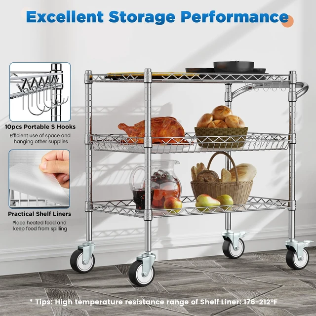 Alt view image 6 of 6 - 3 Tier Rolling Carts with Wheels, Heavy Duty Rolling Utility Cart | NSF Commercial Grade Metal Cart with Handle&Shelf Liner,Trolley Serving Cart for Kitchen,Restaurant,Plant Display,Chrome