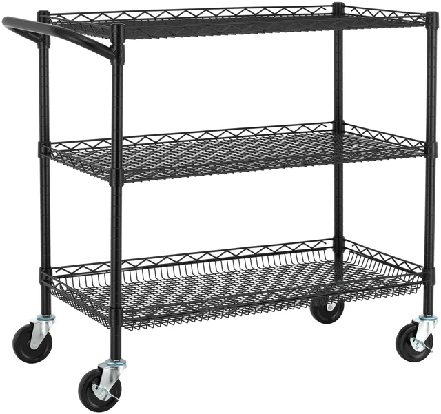 Main image of 3 Tier Heavy Duty Commercial Grade Utility Cart, Wire Rolling Cart with Handle Bar, Steel Service Cart with Wheels, Kitchen Carts on Wheels, Metal Cart Shelf Size 18" D x 36" W, NSF, Black