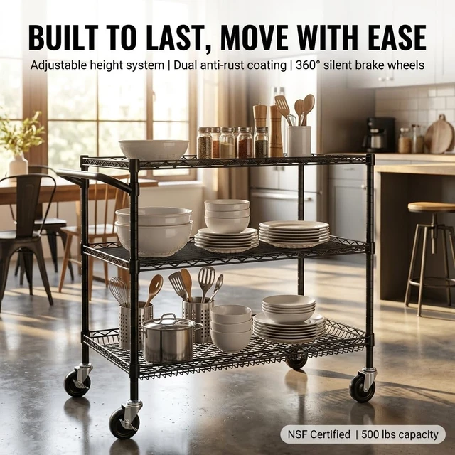Alt view image 3 of 7 - 3 Tier Heavy Duty Commercial Grade Utility Cart, Wire Rolling Cart with Handle Bar, Steel Service Cart with Wheels, Kitchen Carts on Wheels, Metal Cart Shelf Size 18" D x 36" W, NSF, Black