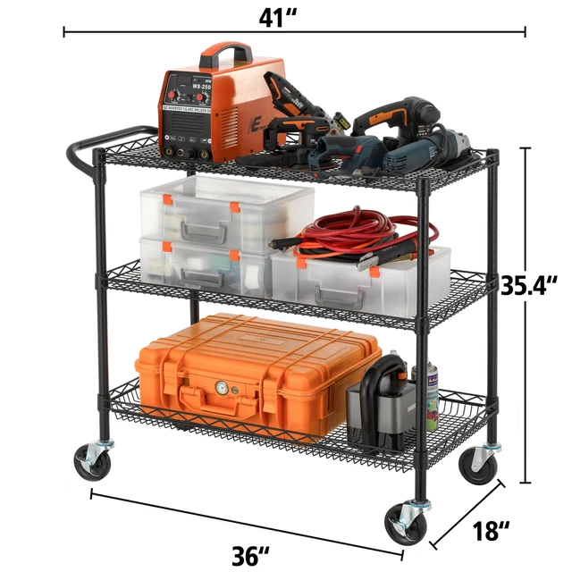 Alt view image 2 of 7 - 3 Tier Heavy Duty Commercial Grade Utility Cart, Wire Rolling Cart with Handle Bar, Steel Service Cart with Wheels, Kitchen Carts on Wheels, Metal Cart Shelf Size 18" D x 36" W, NSF, Black