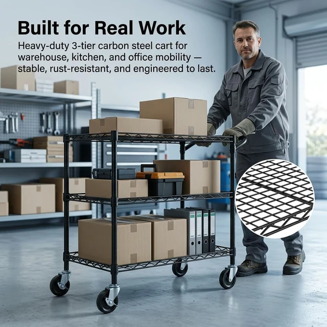 Alt view image 7 of 7 - 3 Tier Heavy Duty Commercial Grade Utility Cart, Wire Rolling Cart with Handle Bar, Steel Service Cart with Wheels, Kitchen Carts on Wheels, Metal Cart Shelf Size 18" D x 36" W, NSF, Black