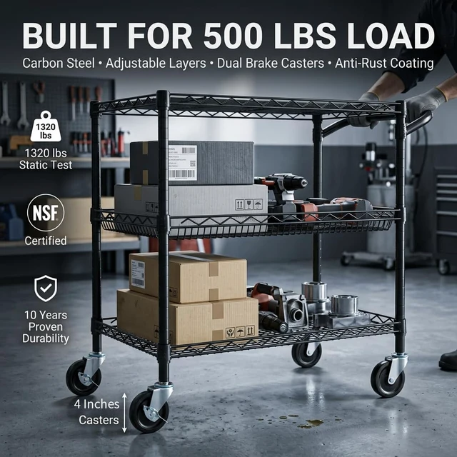 Alt view image 5 of 7 - 3 Tier Heavy Duty Commercial Grade Utility Cart, Wire Rolling Cart with Handle Bar, Steel Service Cart with Wheels, Kitchen Carts on Wheels, Metal Cart Shelf Size 18" D x 36" W, NSF, Black