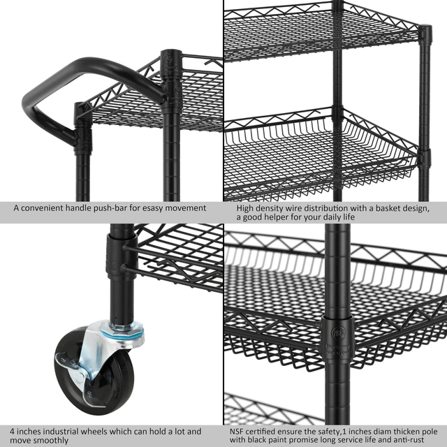 Alt view image 6 of 7 - 3 Tier Heavy Duty Commercial Grade Utility Cart, Wire Rolling Cart with Handle Bar, Steel Service Cart with Wheels, Kitchen Carts on Wheels, Metal Cart Shelf Size 18" D x 36" W, NSF, Black