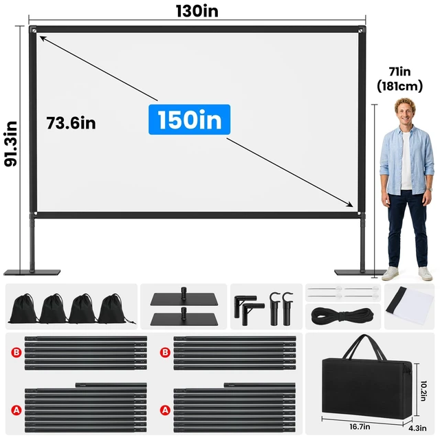 Alt view image 5 of 7 - 150 inch Outdoor Projector Screen with Stand: 4K HD Portable Projector Screen Outdoor Indoor - Front/Rear Movie Screen with Accessories for Stable - Projection Screen for Home Theater, Camping