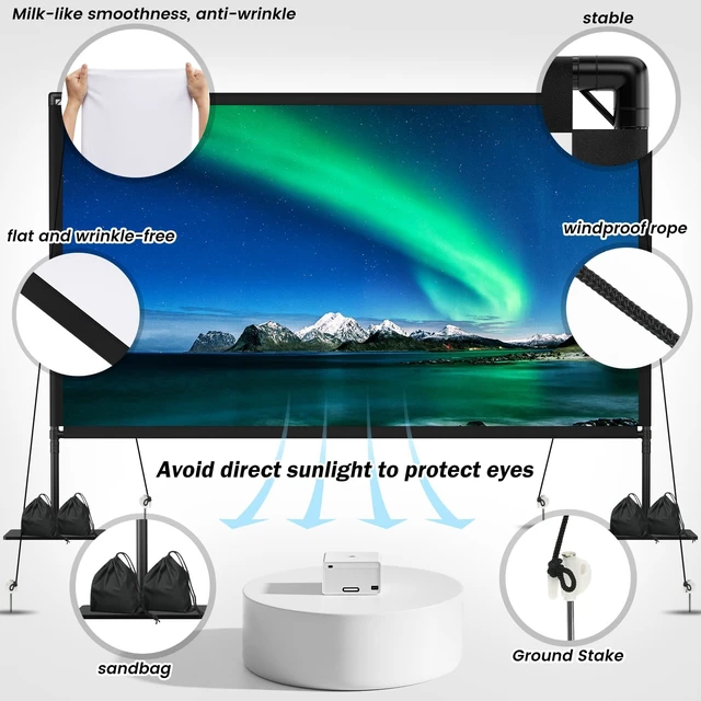 Alt view image 7 of 7 - 150 inch Outdoor Projector Screen with Stand: 4K HD Portable Projector Screen Outdoor Indoor - Front/Rear Movie Screen with Accessories for Stable - Projection Screen for Home Theater, Camping