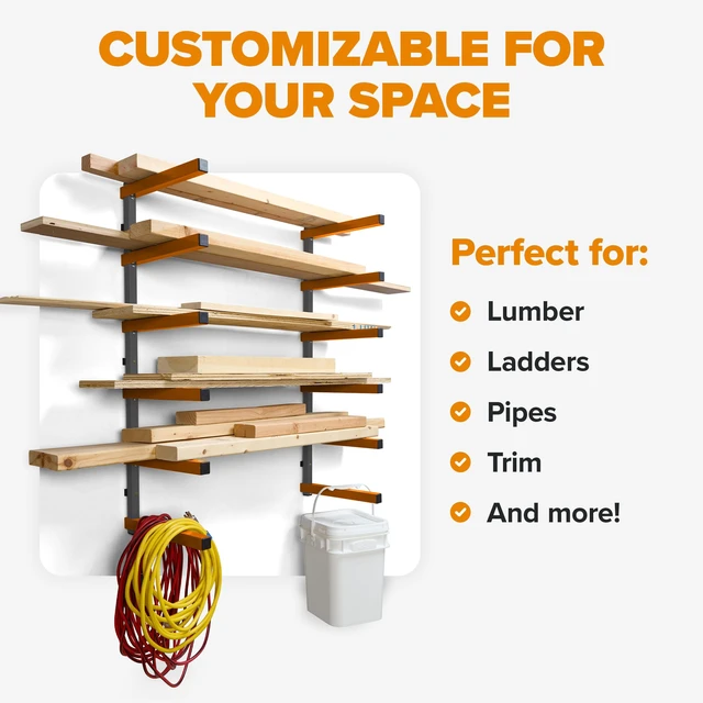 Alt view image 4 of 7 - Wood Rack, 6-Level Wall Mount Lumber Storage Rack for Wood Storage | Heavy duty wall mounted lumber storage rack for garage organization; 6-level wood rack design workshop organizers