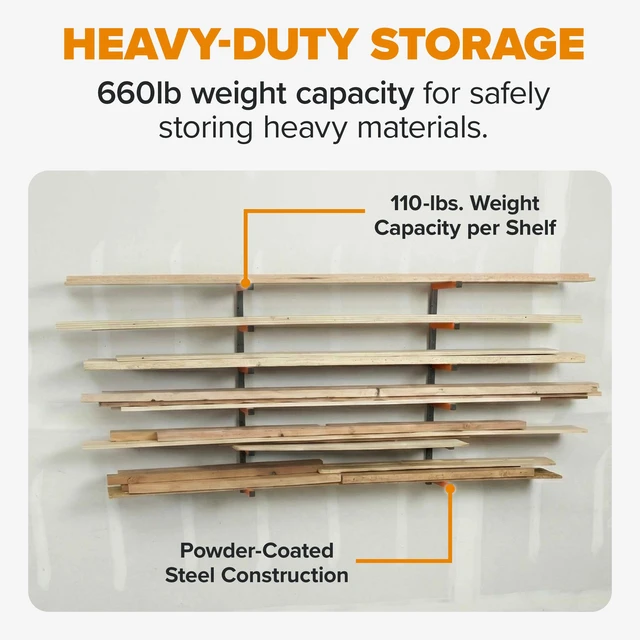 Alt view image 6 of 7 - Wood Rack, 6-Level Wall Mount Lumber Storage Rack for Wood Storage | Heavy duty wall mounted lumber storage rack for garage organization; 6-level wood rack design workshop organizers