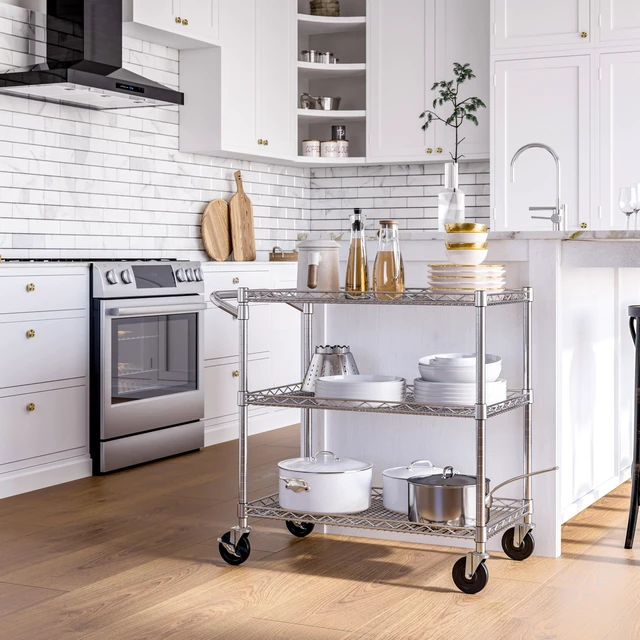 Alt view image 3 of 7 - Classics UltraDurable NSF Commercial Heavy Duty Metal Rolling Utility Cart, w/ Steel Shelves, Handle Bar for Restaurant, Garage, Warehouse, Kitchen, Office, Top Shelf (36"W x 18"D)