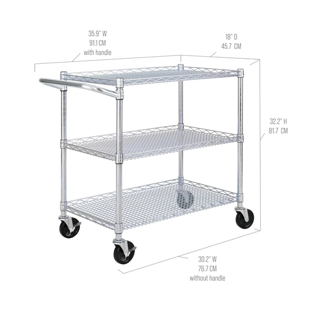 Alt view image 5 of 7 - Classics UltraDurable NSF Commercial Heavy Duty Metal Rolling Utility Cart, w/ Steel Shelves, Handle Bar for Restaurant, Garage, Warehouse, Kitchen, Office, Top Shelf (36"W x 18"D)