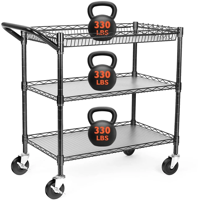 Main image of Heavy Duty Utility Cart, 990Lbs Capacity 3 Tier Rolling Carts with Wheels, Kitchen Cart on Wheels with Storage, Commercial Grade Metal Serving Carts with Wire Shelving &Handle Bar, Black