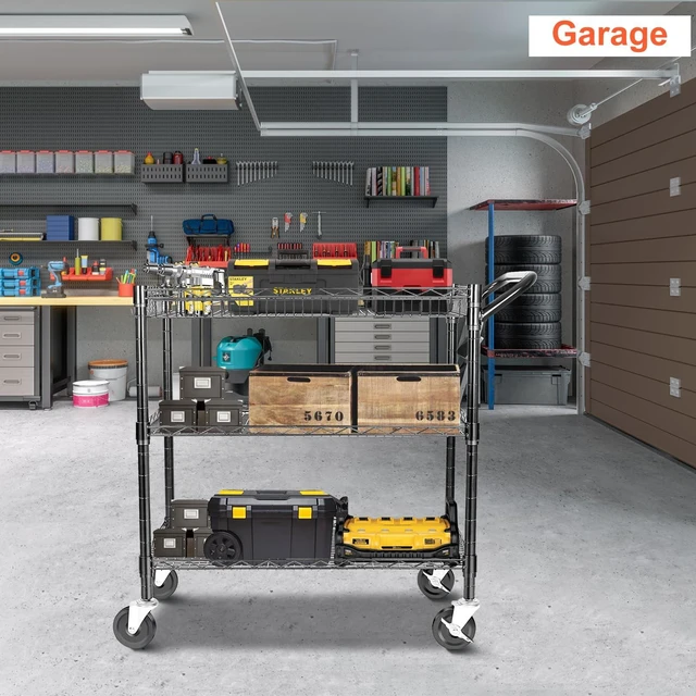 Alt view image 2 of 7 - Heavy Duty Utility Cart, 990Lbs Capacity 3 Tier Rolling Carts with Wheels, Kitchen Cart on Wheels with Storage, Commercial Grade Metal Serving Carts with Wire Shelving &Handle Bar, Black