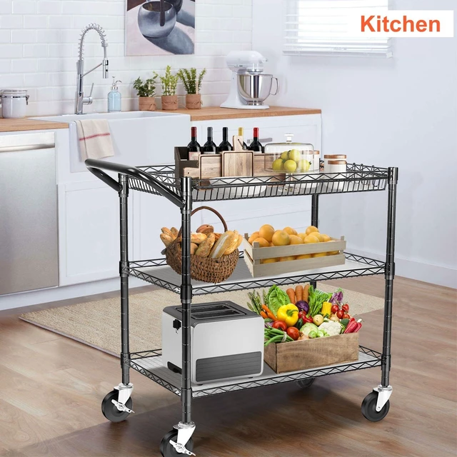 Alt view image 3 of 7 - Heavy Duty Utility Cart, 990Lbs Capacity 3 Tier Rolling Carts with Wheels, Kitchen Cart on Wheels with Storage, Commercial Grade Metal Serving Carts with Wire Shelving &Handle Bar, Black