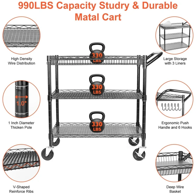 Alt view image 4 of 7 - Heavy Duty Utility Cart, 990Lbs Capacity 3 Tier Rolling Carts with Wheels, Kitchen Cart on Wheels with Storage, Commercial Grade Metal Serving Carts with Wire Shelving &Handle Bar, Black
