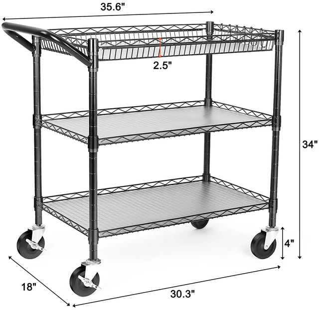 Alt view image 6 of 7 - Heavy Duty Utility Cart, 990Lbs Capacity 3 Tier Rolling Carts with Wheels, Kitchen Cart on Wheels with Storage, Commercial Grade Metal Serving Carts with Wire Shelving &Handle Bar, Black