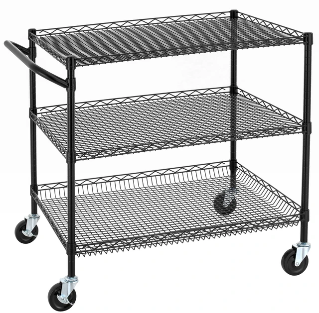 Main image of 3 Tier Heavy Duty Commercial Grade Utility Cart, Wire Rolling Cart with Handle Bar, Steel Service Cart with Wheels, Kitchen Carts on Wheels, Metal Cart Shelf Size 24" D x 36" W, NSF, Black