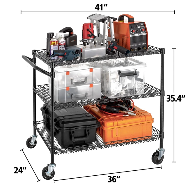 Alt view image 2 of 7 - 3 Tier Heavy Duty Commercial Grade Utility Cart, Wire Rolling Cart with Handle Bar, Steel Service Cart with Wheels, Kitchen Carts on Wheels, Metal Cart Shelf Size 24" D x 36" W, NSF, Black