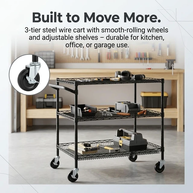 Alt view image 5 of 7 - 3 Tier Heavy Duty Commercial Grade Utility Cart, Wire Rolling Cart with Handle Bar, Steel Service Cart with Wheels, Kitchen Carts on Wheels, Metal Cart Shelf Size 24" D x 36" W, NSF, Black