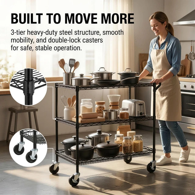Alt view image 3 of 7 - 3 Tier Heavy Duty Commercial Grade Utility Cart, Wire Rolling Cart with Handle Bar, Steel Service Cart with Wheels, Kitchen Carts on Wheels, Metal Cart Shelf Size 24" D x 36" W, NSF, Black