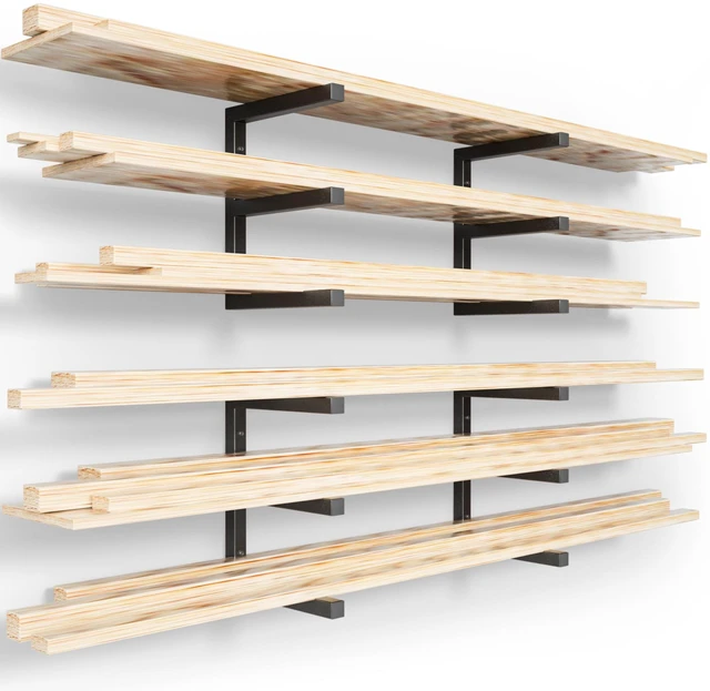 Main image of Wood Organizer and Lumber Storage Rack Wall Mount, Heavy Duty Metal Shelf with 6-Level Holds Up 1200 LBS, Indoor & Outdoor Use - Black