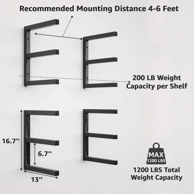 Alt view image 2 of 7 - Wood Organizer and Lumber Storage Rack Wall Mount, Heavy Duty Metal Shelf with 6-Level Holds Up 1200 LBS, Indoor & Outdoor Use - Black