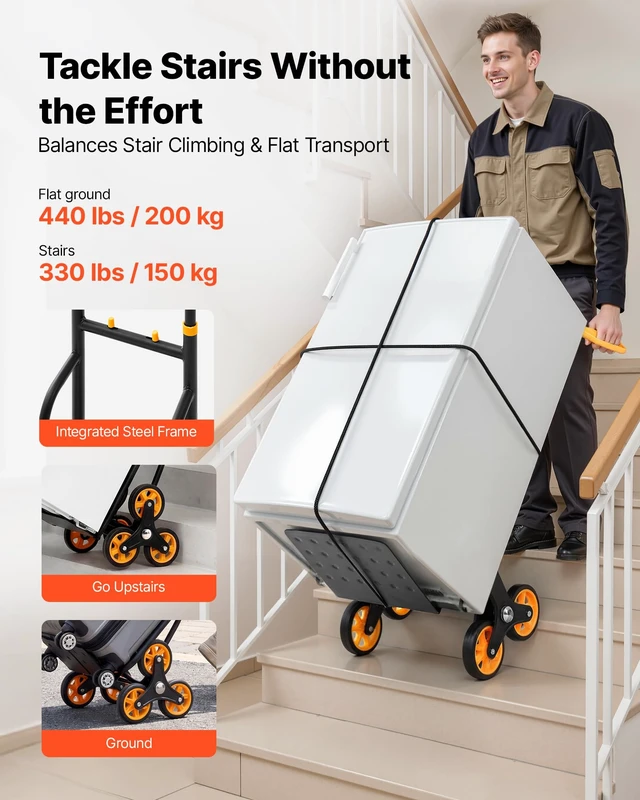 Alt view image 2 of 7 - Stair Climbing Cart 440 lbs, 330 lbs Stair-Climbing Capacity, Heavy-Duty Folding Trolley Cart with Telescoping Handle, 6 Wheels and 2 Bungee Cords for Home, Groceries, Warehouse