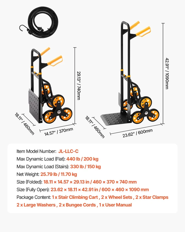 Alt view image 7 of 7 - Stair Climbing Cart 440 lbs, 330 lbs Stair-Climbing Capacity, Heavy-Duty Folding Trolley Cart with Telescoping Handle, 6 Wheels and 2 Bungee Cords for Home, Groceries, Warehouse