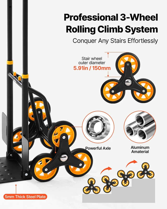 Alt view image 3 of 7 - Stair Climbing Cart 440 lbs, 330 lbs Stair-Climbing Capacity, Heavy-Duty Folding Trolley Cart with Telescoping Handle, 6 Wheels and 2 Bungee Cords for Home, Groceries, Warehouse